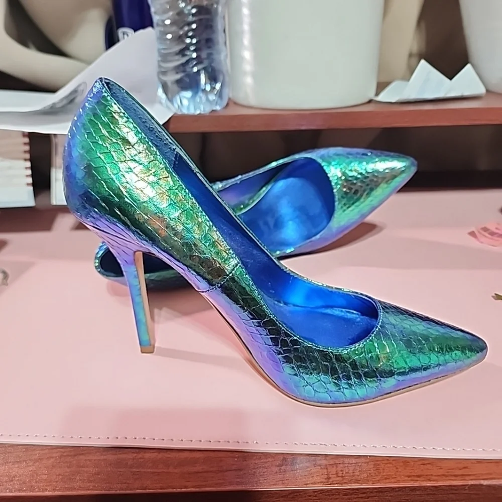 Dune London Iridescent Green Blue Snake Print Heels – Size 38 (US 7.5)